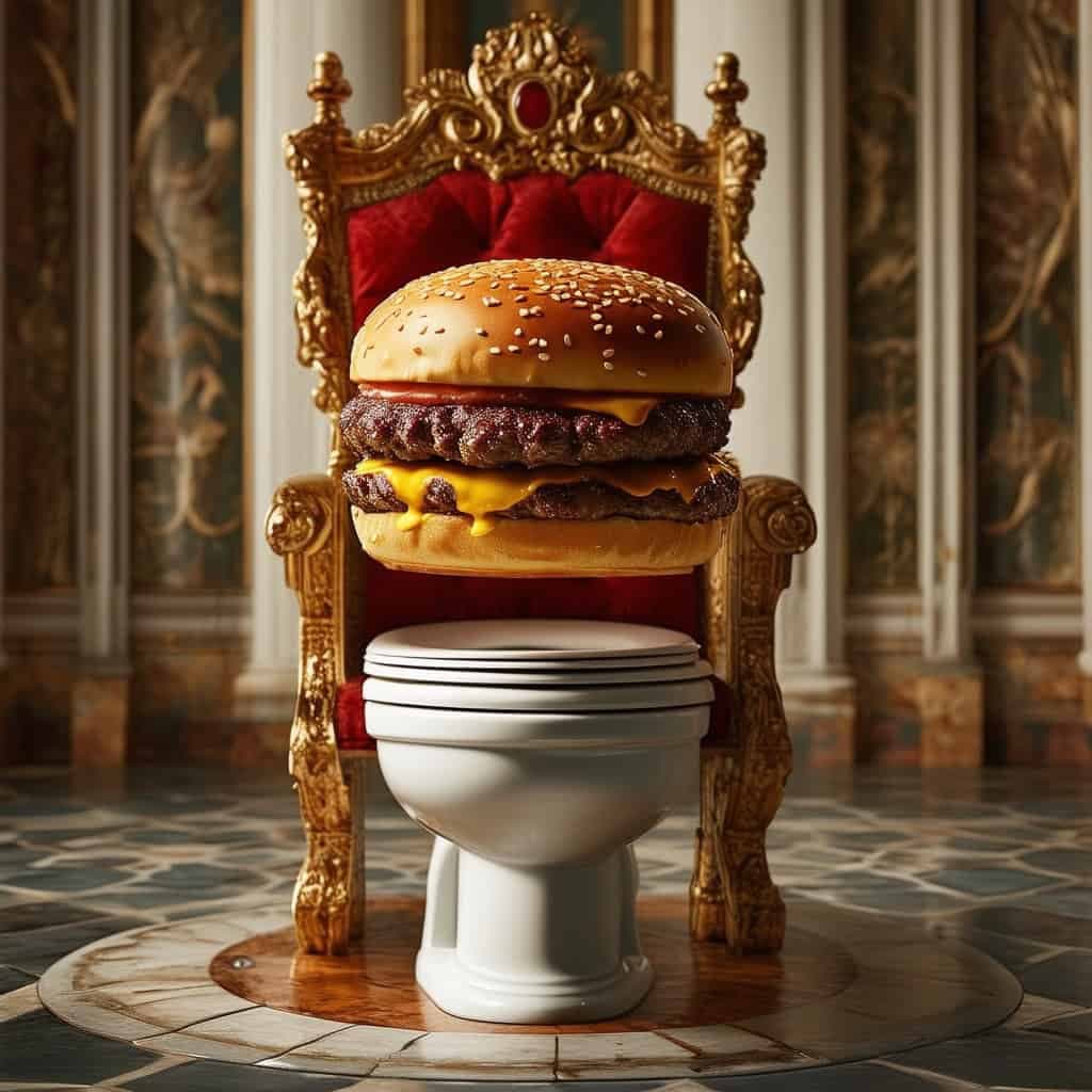 Example 4: a cheeseburger with juicy beef patties and melted cheese sits on top of a toilet that looks like a throne and stands in the middle of a royal chamber
