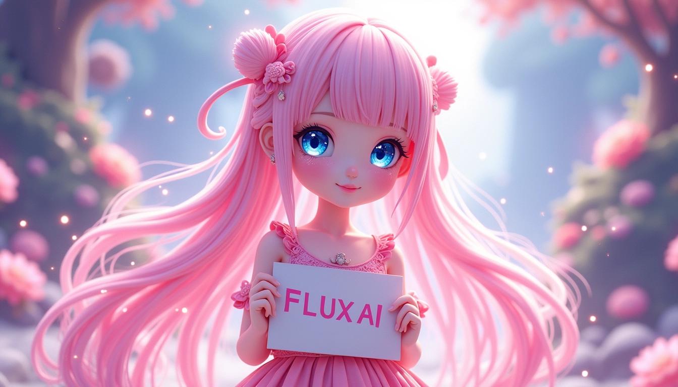 Cute 3D anime girl with long, flowing pink hair cascading down her back, her large blue eyes sparkling with glitter, exuding an ethereal glow. She wears a delicate, pastel pink dress adorned with intricate patterns. The scene is set in a mystical, fantasy background with enchanting light effects illuminating her from all sides, creating a dreamy atmosphere. Holding a sign "FLUX AI"

The background features a fantasy world theme with whimsical, otherworldly elements like floating islands, enchanted forests, and softly glowing fauna. The girl is centered in the composition, with a close-up focus on her beautifully detailed face, capturing her dreamy look. Soft, diffused lighting enhances the pink pastel color palette, while vibrant colors bring the scene to life. 

Rendered in a high-resolution, ultra-detailed digital art style, the image has a magical, dream-like feel that encapsulates the essence of a fantastical, anime-inspired world.