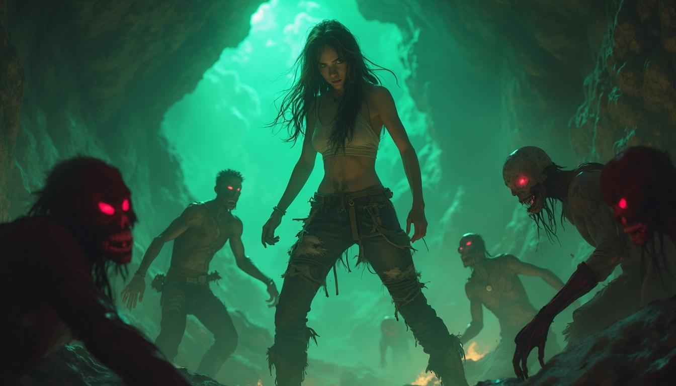 In a dynamic Disney-inspired scene with an anime aesthetic, an athletic young woman stands fiercely in the midst of a tumultuous battle against a horde of grotesque, zombie-like creatures within a cave-like environment. Her toned body is poised in a stance of defiance, wearing distressed and tattered clothing that accentuates her resilience, though she appears vulnerable and defenseless, lacking any weapon in her hands. Her facial expression is one of intense focus and determination, underscoring her bravery despite the overwhelming odds.

The grotesque creatures surrounding her are depicted in various stages of decay, their desiccated skin richly textured to enhance the grim atmosphere. The setting is dimly lit, with eerie green light filtering through, casting dramatic, haunting shadows that emphasize the intense struggle. The cave walls are rugged and jagged, amplifying the menacing feel of the scene. The green light contrasts sharply with additional colors like the deep crimson of the creatures' eyes and pale blue luminescence from the cave, adding vibrancy and complexity to the lighting.

The overall composition centers the young woman, who is illuminated by the greenish light, contrasting starkly against the dark, foreboding surroundings. The mood is tense and thrilling, capturing the raw intensity of the battle. Attention is