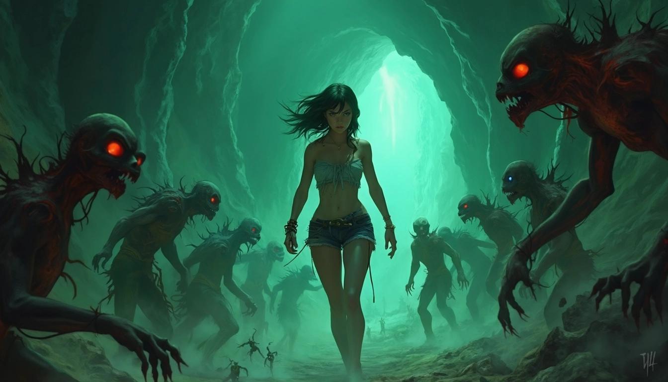 In a dynamic Disney-inspired scene with an anime aesthetic, an athletic young woman stands fiercely in the midst of a tumultuous battle against a horde of grotesque, zombie-like creatures within a cave-like environment. Her toned body is poised in a stance of defiance, wearing distressed and tattered clothing that accentuates her resilience, though she appears vulnerable and defenseless, lacking any weapon in her hands. Her facial expression is one of intense focus and determination, underscoring her bravery despite the overwhelming odds.

The grotesque creatures surrounding her are depicted in various stages of decay, their desiccated skin richly textured to enhance the grim atmosphere. The setting is dimly lit, with eerie green light filtering through, casting dramatic, haunting shadows that emphasize the intense struggle. The cave walls are rugged and jagged, amplifying the menacing feel of the scene. The green light contrasts sharply with additional colors like the deep crimson of the creatures' eyes and pale blue luminescence from the cave, adding vibrancy and complexity to the lighting.

The overall composition centers the young woman, who is illuminated by the greenish light, contrasting starkly against the dark, foreboding surroundings. The mood is tense and thrilling, capturing the raw intensity of the battle. Attention is