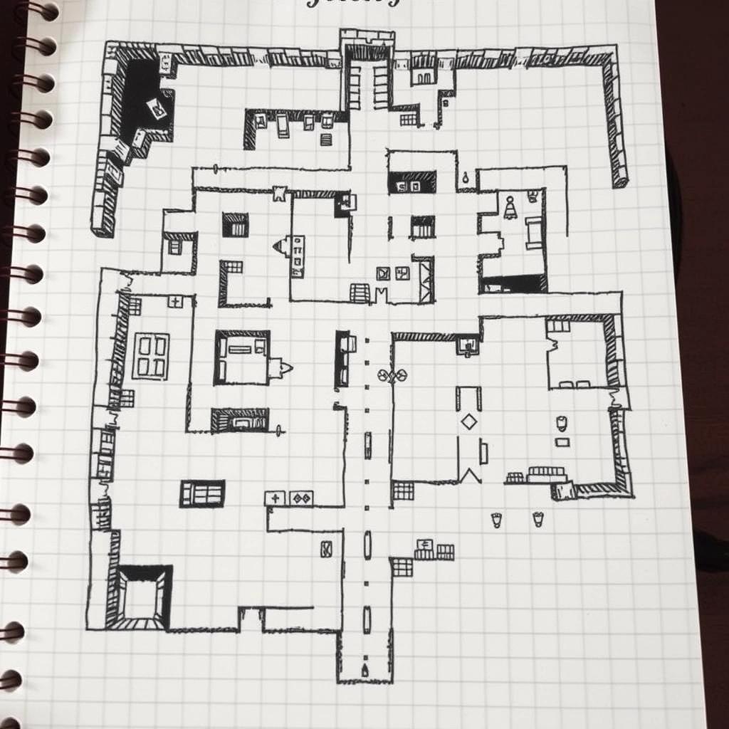 classic D&D dungeon map, black pen on gridded paper, rooms and passageways with icons for doors and furnishings, maze-like, about 20 rooms