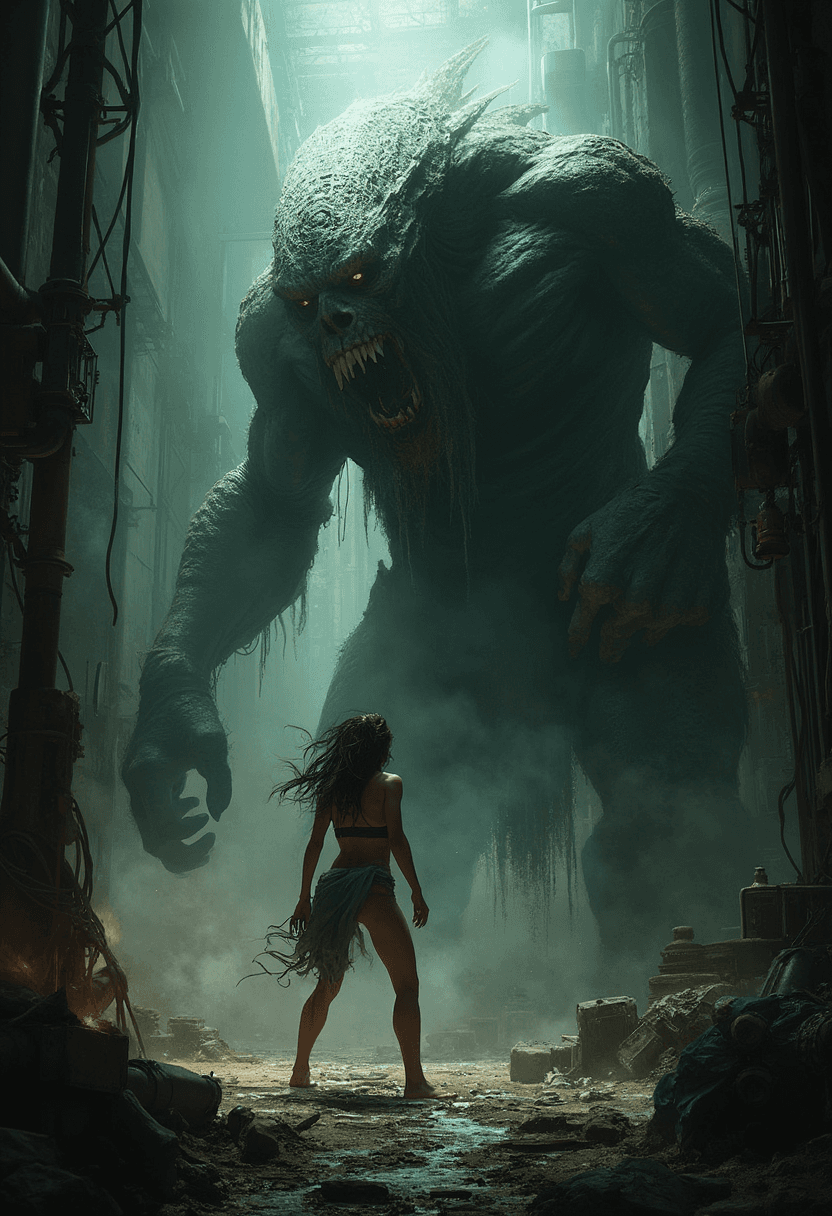 A tense and dramatic scene unfolds in a dark, industrial environment with a gritty, urban feel. The moody and atmospheric lighting casts long shadows and sharp highlights, accentuating the drama of the encounter. In the center of the composition stands a humanoid figure in a defensive stance, facing off against a massive, menacing creature. The creature looms imposingly, with long, clawed arms and a gaping mouth filled with sharp teeth. Its skin is textured and detailed, with a translucent quality that allows light to pass through, casting eerie shadows and highlights on its surface.

The humanoid figure is a woman, dressed in a loin cloth and topless, with wild, flowing hair. She is captured in a powerful, dynamic pose, with one arm extended towards the creature and the other drawn back, poised to strike or defend herself. The background is filled with industrial elements—pipes, machinery, and debris—creating a chaotic and fragmented environment.

The colors are dark and muted, punctuated by occasional bursts of light that enhance the tension and drama of the scene. The overall mood is one of impending doom, embodying a fierce struggle between humanity and the unknown. The gritty urban setting contrasts starkly with the supernatural elements, heightening the sense of unease and conflict