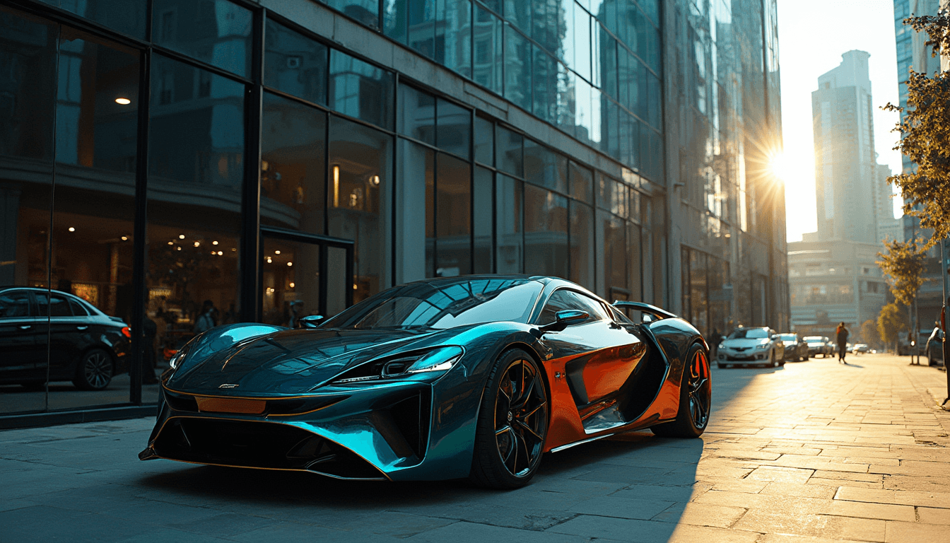 A sleek, modern sports car is seen in the reflection of windows of a towering urban building. The building features a contemporary design with reflective, tinted windows that capture the vivid colors and dynamic lines of the car. Large, glass windows at sidewalk level mirror the vehicle perfectly, with the broken-up image of the car segmented across individual window panes. The scene is framed from a low angle, emphasizing the mirrored windows of the building and the reflected image of the sports car. The time of day is late afternoon, casting a warm, golden light that enhances the car's shiny exterior and creates deep, contrasting shadows. The overall atmosphere is abstract and conceptual, evoking the idea of living in a matrix-like reality. The car's reflections add depth and a sense of movement, encapsulating the essence of a simulation, high-end technology, and modern design. The photographic technique used is hyper-realistic, with sharp focus and vivid, saturated colors to highlight every intricate detail of the car's reflection.