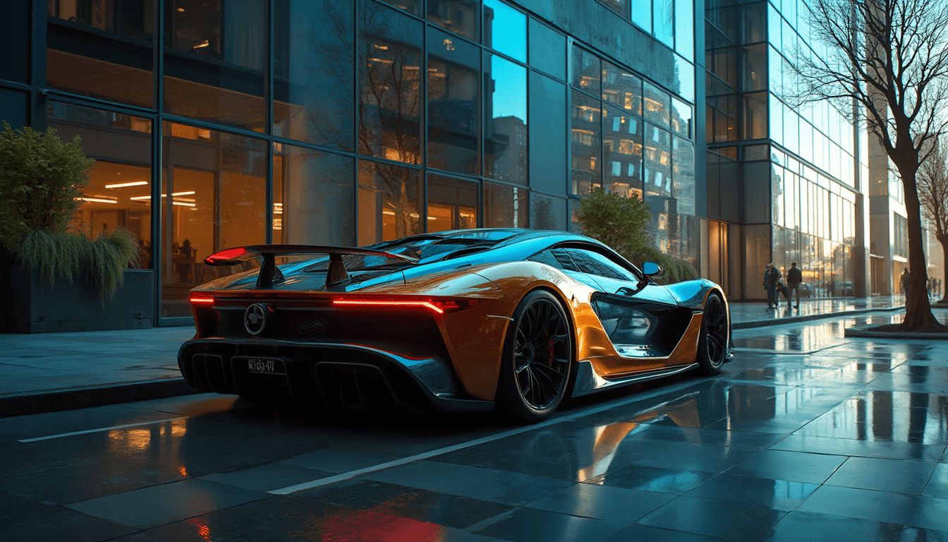 A sleek, modern sports car is seen in the reflection of windows of a towering urban building. The building features a contemporary design with reflective, tinted windows that capture the vivid colors and dynamic lines of the car. Large, glass windows at sidewalk level mirror the vehicle perfectly, with the broken-up image of the car segmented across individual window panes. The scene is framed from a low angle, emphasizing the mirrored windows of the building and the reflected image of the sports car. The time of day is late afternoon, casting a warm, golden light that enhances the car's shiny exterior and creates deep, contrasting shadows. The overall atmosphere is abstract and conceptual, evoking the idea of living in a matrix-like reality. The car's reflections add depth and a sense of movement, encapsulating the essence of a simulation, high-end technology, and modern design. The photographic technique used is hyper-realistic, with sharp focus and vivid, saturated colors to highlight every intricate detail of the car's reflection.