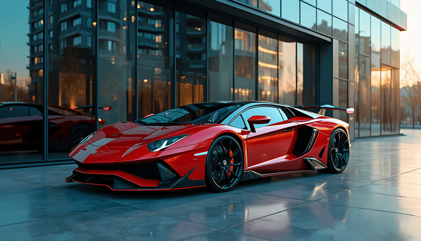 A sleek, modern sports car is seen in the reflection of windows of a towering urban building. The building features a contemporary design with reflective, tinted windows that capture the vivid colors and dynamic lines of the car. Large, glass windows at sidewalk level mirror the vehicle perfectly, with the broken-up image of the car segmented across individual window panes. The scene is framed from a low angle, emphasizing the mirrored windows of the building and the reflected image of the sports car. The time of day is late afternoon, casting a warm, golden light that enhances the car's shiny exterior and creates deep, contrasting shadows. The overall atmosphere is abstract and conceptual, evoking the idea of living in a matrix-like reality. The car's reflections add depth and a sense of movement, encapsulating the essence of a simulation, high-end technology, and modern design. The photographic technique used is hyper-realistic, with sharp focus and vivid, saturated colors to highlight every intricate detail of the car's reflection.