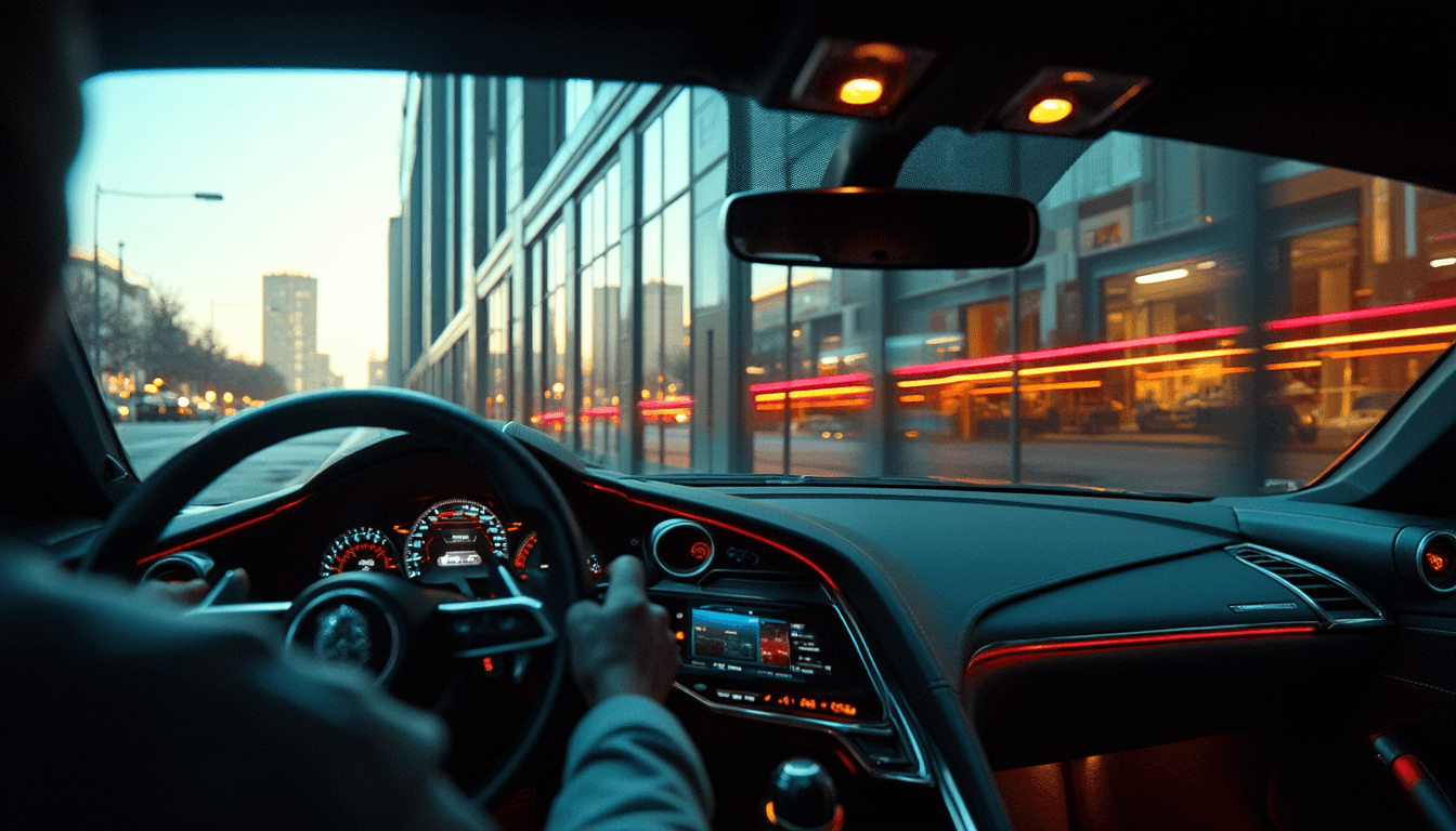 A sleek, modern sports car is seen in the reflection of windows of a towering urban building. The building features a contemporary design with reflective, tinted windows that capture the vivid colors and dynamic lines of the car. Large, glass windows at sidewalk level mirror the vehicle perfectly, with the broken-up image of the car segmented across individual window panes. The scene is framed from a low angle, emphasizing the mirrored windows of the building and the reflected image of the sports car. The time of day is late afternoon, casting a warm, golden light that enhances the car's shiny exterior and creates deep, contrasting shadows. The overall atmosphere is abstract and conceptual, evoking the idea of living in a matrix-like reality. The car's reflections add depth and a sense of movement, encapsulating the essence of a simulation, high-end technology, and modern design. The photographic technique used is hyper-realistic, with sharp focus and vivid, saturated colors to highlight every intricate detail of the car's reflection.