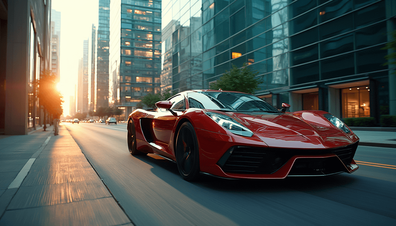 A sleek, modern sports car is seen in the reflection of windows of a towering urban building. The building features a contemporary design with reflective, tinted windows that capture the vivid colors and dynamic lines of the car. Large, glass windows at sidewalk level mirror the vehicle perfectly, with the broken-up image of the car segmented across individual window panes. The scene is framed from a low angle, emphasizing the mirrored windows of the building and the reflected image of the sports car. The time of day is late afternoon, casting a warm, golden light that enhances the car's shiny exterior and creates deep, contrasting shadows. The overall atmosphere is abstract and conceptual, evoking the idea of living in a matrix-like reality. The car's reflections add depth and a sense of movement, encapsulating the essence of a simulation, high-end technology, and modern design. The photographic technique used is hyper-realistic, with sharp focus and vivid, saturated colors to highlight every intricate detail of the car's reflection.