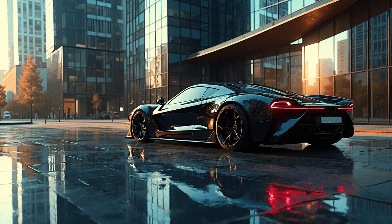 A sleek, modern sports car is seen in the reflection of windows of a towering urban building. The building features a contemporary design with reflective, tinted windows that capture the vivid colors and dynamic lines of the car. Large, glass windows at sidewalk level mirror the vehicle perfectly, with the broken-up image of the car segmented across individual window panes. The scene is framed from a low angle, emphasizing the mirrored windows of the building and the reflected image of the sports car. The time of day is late afternoon, casting a warm, golden light that enhances the car's shiny exterior and creates deep, contrasting shadows. The overall atmosphere is abstract and conceptual, evoking the idea of living in a matrix-like reality. The car's reflections add depth and a sense of movement, encapsulating the essence of a simulation, high-end technology, and modern design. The photographic technique used is hyper-realistic, with sharp focus and vivid, saturated colors to highlight every intricate detail of the car's reflection.