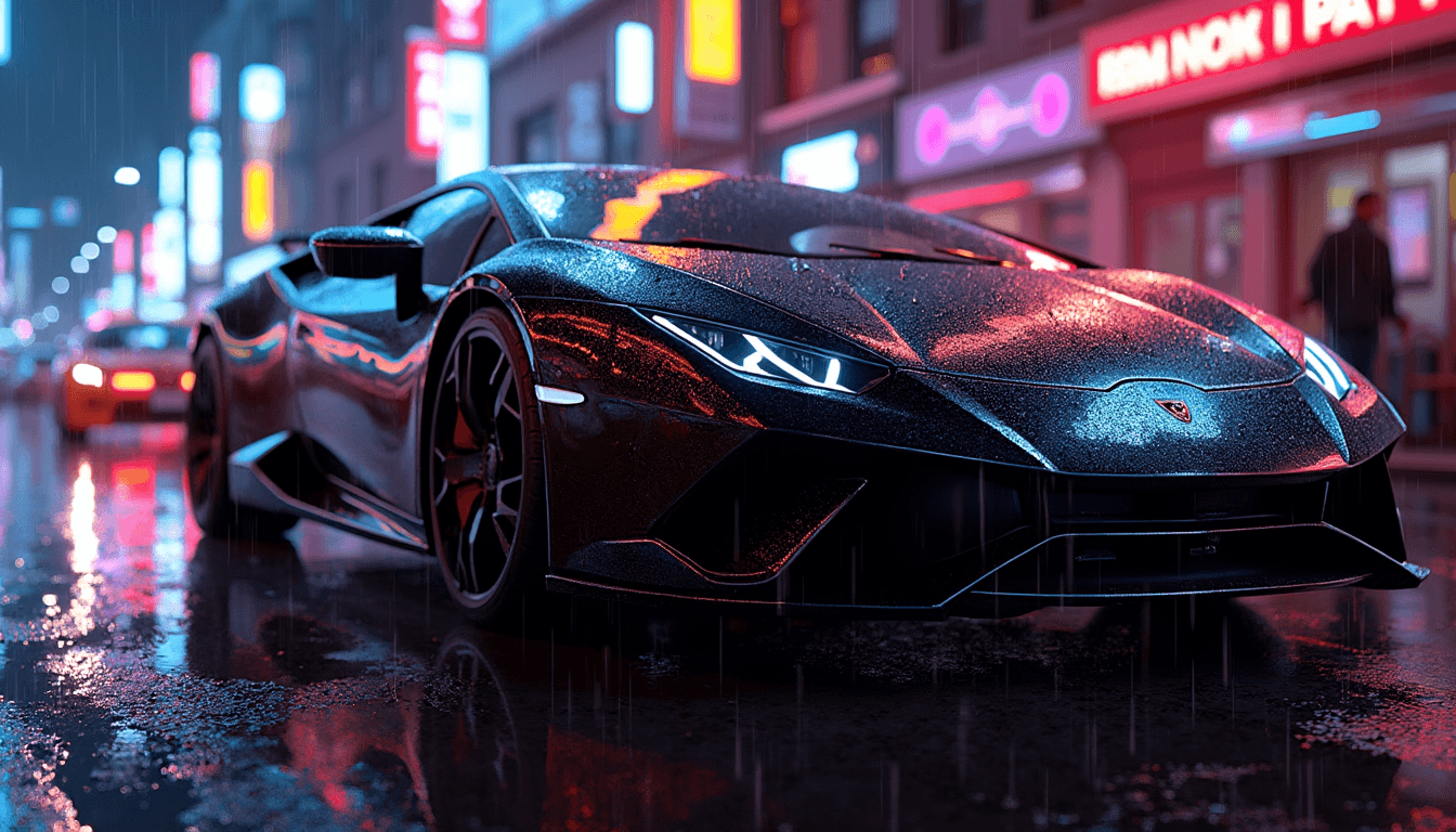 A sleek sports car with a glossy black paint job parked on a wet street at nighttime, neon lights of various colors reflecting off the glistening ground and the car's shiny surface. Ambient light bounces off the scene, creating a vibrant and dynamic atmosphere. The car is positioned close enough so that the water droplets on its surface are visible, each bead of water perfectly capturing the neon reflections. The scene is captured from a low angle, highlighting the reflections and the intricate details of the wet surface. The mood is electric and cinematic, with the interplay of light and shadow, rainy conditions, and a cityscape background glowing with fluorescent signs. The style is hyper-realistic with a touch of cyberpunk aesthetics, emphasizing high contrast, vivid colors, and the glossy, reflective textures.