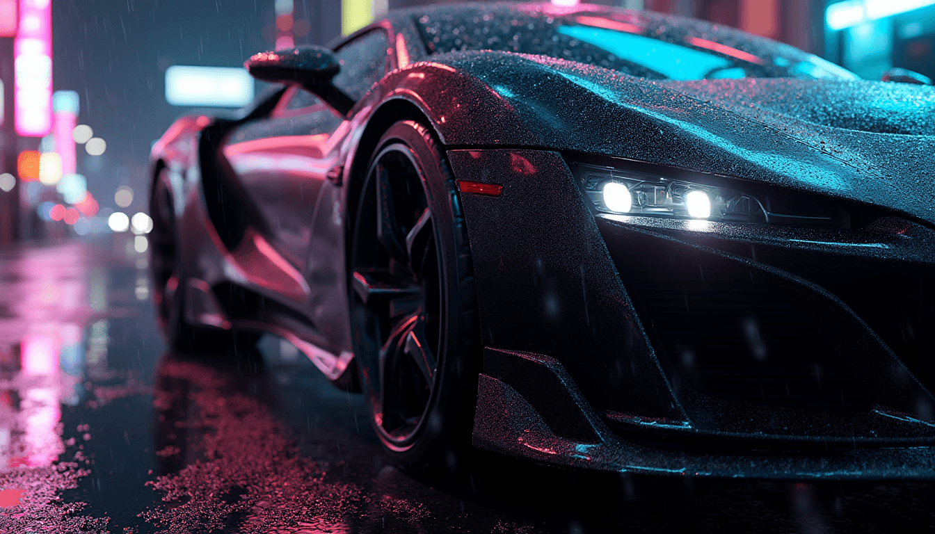 A sleek sports car with a glossy black paint job parked on a wet street at nighttime, neon lights of various colors reflecting off the glistening ground and the car's shiny surface. Ambient light bounces off the scene, creating a vibrant and dynamic atmosphere. The car is positioned close enough so that the water droplets on its surface are visible, each bead of water perfectly capturing the neon reflections. The scene is captured from a low angle, highlighting the reflections and the intricate details of the wet surface. The mood is electric and cinematic, with the interplay of light and shadow, rainy conditions, and a cityscape background glowing with fluorescent signs. The style is hyper-realistic with a touch of cyberpunk aesthetics, emphasizing high contrast, vivid colors, and the glossy, reflective textures.