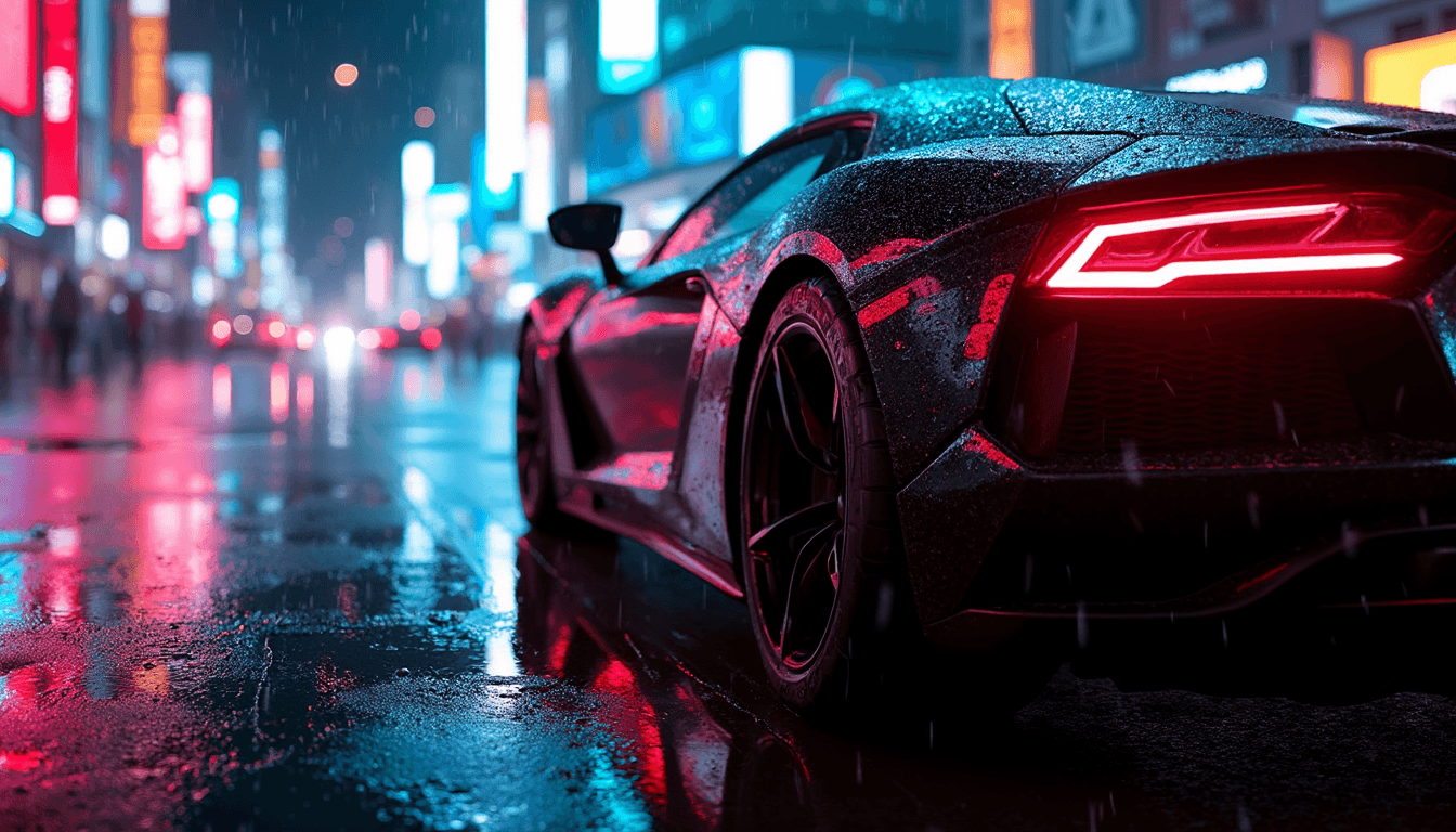 A sleek sports car with a glossy black paint job parked on a wet street at nighttime, neon lights of various colors reflecting off the glistening ground and the car's shiny surface. Ambient light bounces off the scene, creating a vibrant and dynamic atmosphere. The car is positioned close enough so that the water droplets on its surface are visible, each bead of water perfectly capturing the neon reflections. The scene is captured from a low angle, highlighting the reflections and the intricate details of the wet surface. The mood is electric and cinematic, with the interplay of light and shadow, rainy conditions, and a cityscape background glowing with fluorescent signs. The style is hyper-realistic with a touch of cyberpunk aesthetics, emphasizing high contrast, vivid colors, and the glossy, reflective textures.