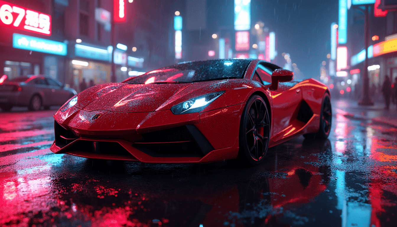 A sleek sports car with a glossy black paint job parked on a wet street at nighttime, neon lights of various colors reflecting off the glistening ground and the car's shiny surface. Ambient light bounces off the scene, creating a vibrant and dynamic atmosphere. The car is positioned close enough so that the water droplets on its surface are visible, each bead of water perfectly capturing the neon reflections. The scene is captured from a low angle, highlighting the reflections and the intricate details of the wet surface. The mood is electric and cinematic, with the interplay of light and shadow, rainy conditions, and a cityscape background glowing with fluorescent signs. The style is hyper-realistic with a touch of cyberpunk aesthetics, emphasizing high contrast, vivid colors, and the glossy, reflective textures.