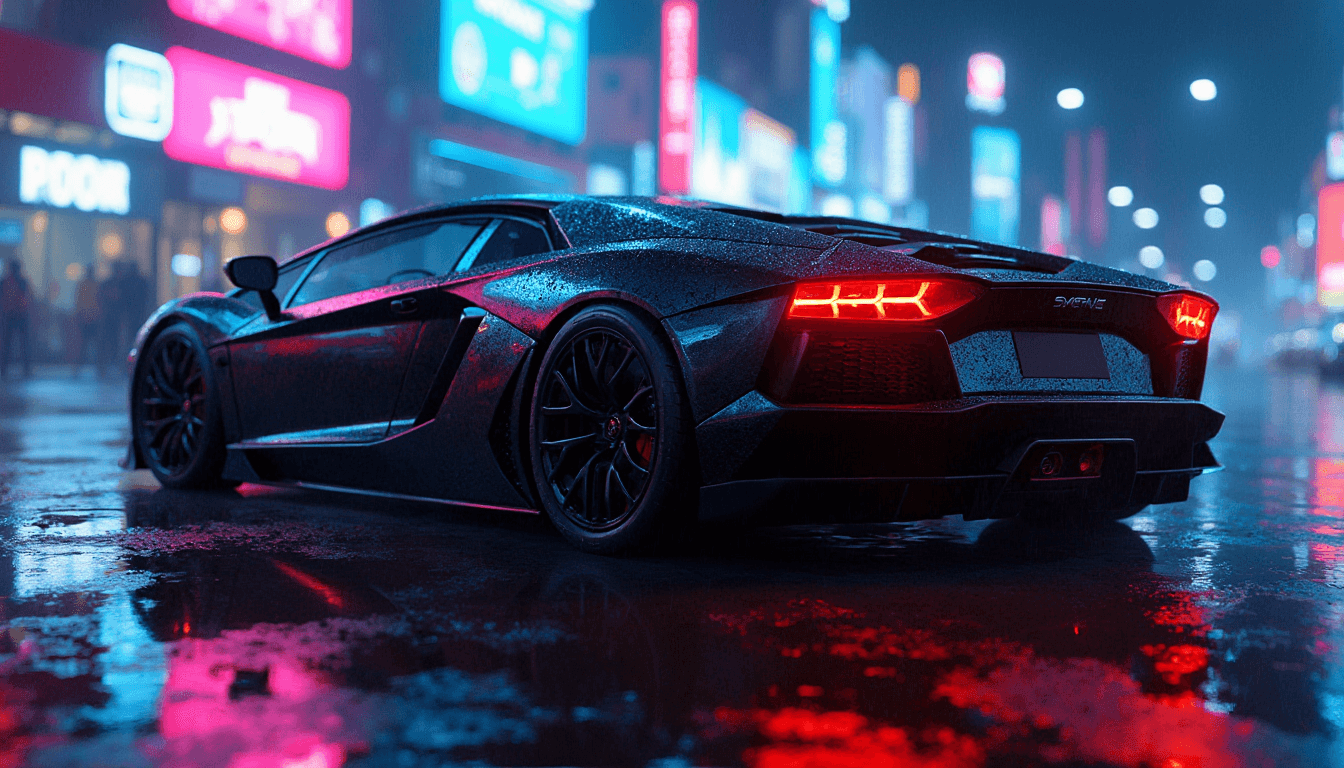 A sleek sports car with a glossy black paint job parked on a wet street at nighttime, neon lights of various colors reflecting off the glistening ground and the car's shiny surface. Ambient light bounces off the scene, creating a vibrant and dynamic atmosphere. The car is positioned close enough so that the water droplets on its surface are visible, each bead of water perfectly capturing the neon reflections. The scene is captured from a low angle, highlighting the reflections and the intricate details of the wet surface. The mood is electric and cinematic, with the interplay of light and shadow, rainy conditions, and a cityscape background glowing with fluorescent signs. The style is hyper-realistic with a touch of cyberpunk aesthetics, emphasizing high contrast, vivid colors, and the glossy, reflective textures.