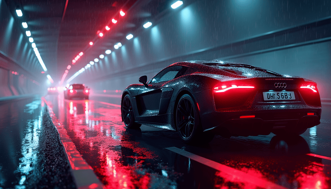 A sleek sports car with a glossy black paint job parked on a wet street at nighttime, neon lights of various colors reflecting off the glistening ground and the car's shiny surface. Ambient light bounces off the scene, creating a vibrant and dynamic atmosphere. The car is positioned close enough so that the water droplets on its surface are visible, each bead of water perfectly capturing the neon reflections. The scene is captured from a low angle, highlighting the reflections and the intricate details of the wet surface. The mood is electric and cinematic, with the interplay of light and shadow, rainy conditions, and a cityscape background glowing with fluorescent signs. The style is hyper-realistic with a touch of cyberpunk aesthetics, emphasizing high contrast, vivid colors, and the glossy, reflective textures.