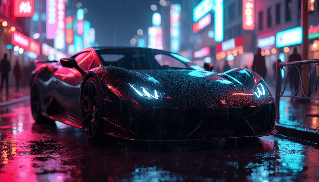 A sleek sports car with a glossy black paint job parked on a wet street at nighttime, neon lights of various colors reflecting off the glistening ground and the car's shiny surface. Ambient light bounces off the scene, creating a vibrant and dynamic atmosphere. The car is positioned close enough so that the water droplets on its surface are visible, each bead of water perfectly capturing the neon reflections. The scene is captured from a low angle, highlighting the reflections and the intricate details of the wet surface. The mood is electric and cinematic, with the interplay of light and shadow, rainy conditions, and a cityscape background glowing with fluorescent signs. The style is hyper-realistic with a touch of cyberpunk aesthetics, emphasizing high contrast, vivid colors, and the glossy, reflective textures.