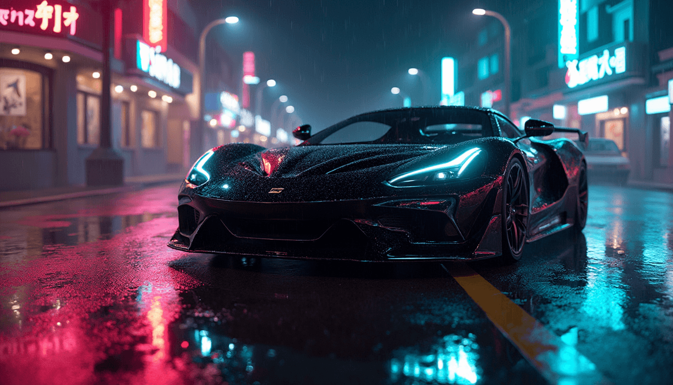 A sleek sports car with a glossy black paint job parked on a wet street at nighttime, neon lights of various colors reflecting off the glistening ground and the car's shiny surface. Ambient light bounces off the scene, creating a vibrant and dynamic atmosphere. The car is positioned close enough so that the water droplets on its surface are visible, each bead of water perfectly capturing the neon reflections. The scene is captured from a low angle, highlighting the reflections and the intricate details of the wet surface. The mood is electric and cinematic, with the interplay of light and shadow, rainy conditions, and a cityscape background glowing with fluorescent signs. The style is hyper-realistic with a touch of cyberpunk aesthetics, emphasizing high contrast, vivid colors, and the glossy, reflective textures.