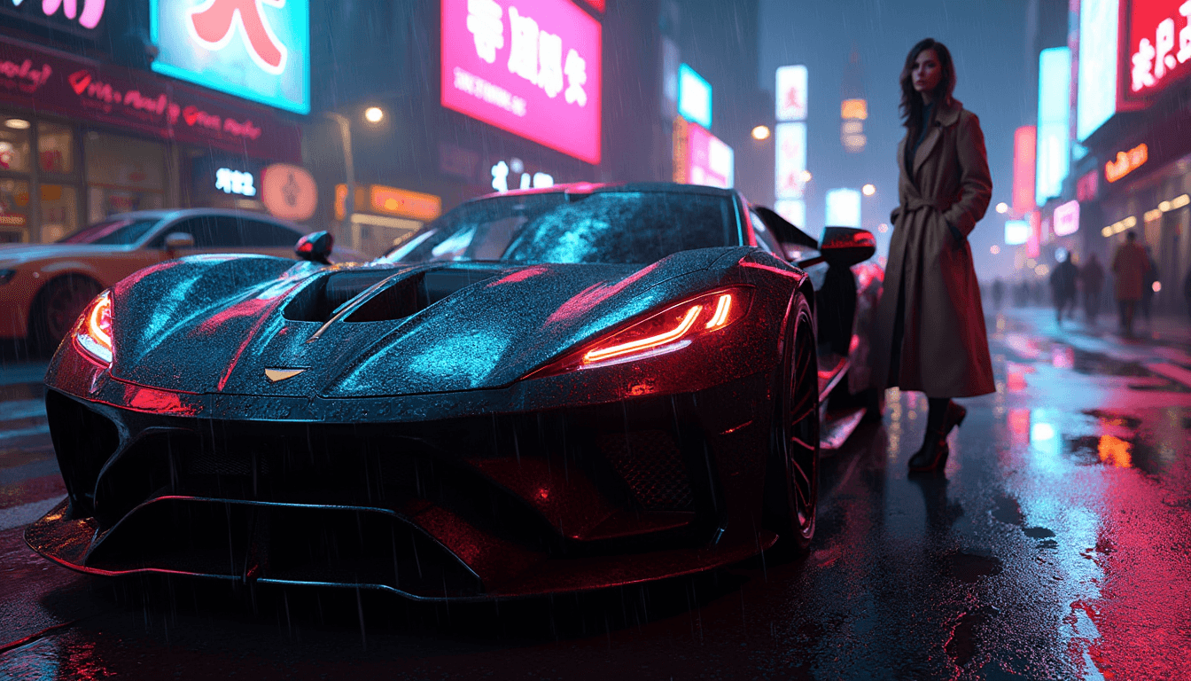 A sleek sports car with a glossy black paint job parked on a wet street at nighttime, neon lights of various colors reflecting off the glistening ground and the car's shiny surface. Ambient light bounces off the scene, creating a vibrant and dynamic atmosphere. The car is positioned close enough so that the water droplets on its surface are visible, each bead of water perfectly capturing the neon reflections. The scene is captured from a low angle, highlighting the reflections and the intricate details of the wet surface. The mood is electric and cinematic, with the interplay of light and shadow, rainy conditions, and a cityscape background glowing with fluorescent signs. The style is hyper-realistic with a touch of cyberpunk aesthetics, emphasizing high contrast, vivid colors, and the glossy, reflective textures.