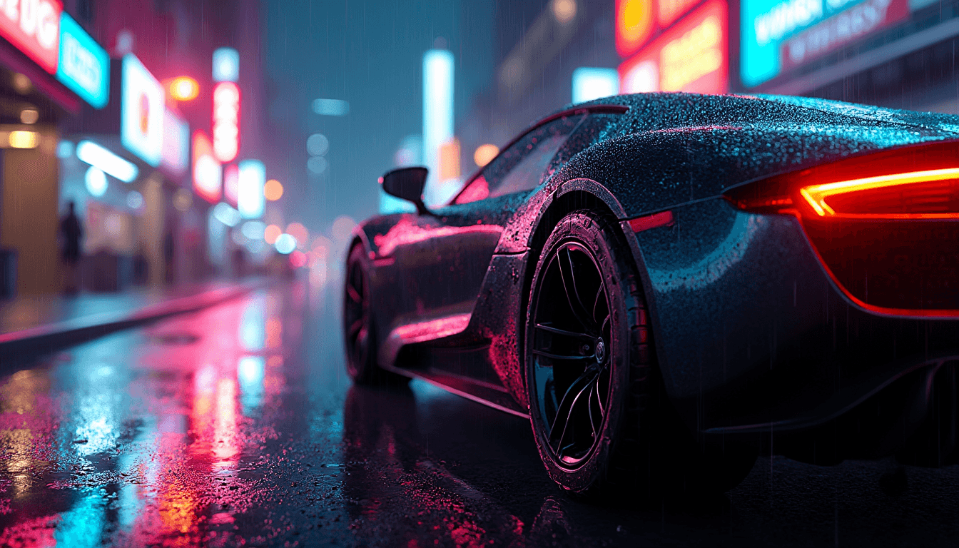 A sleek sports car with a glossy black paint job parked on a wet street at nighttime, neon lights of various colors reflecting off the glistening ground and the car's shiny surface. Ambient light bounces off the scene, creating a vibrant and dynamic atmosphere. The car is positioned close enough so that the water droplets on its surface are visible, each bead of water perfectly capturing the neon reflections. The scene is captured from a low angle, highlighting the reflections and the intricate details of the wet surface. The mood is electric and cinematic, with the interplay of light and shadow, rainy conditions, and a cityscape background glowing with fluorescent signs. The style is hyper-realistic with a touch of cyberpunk aesthetics, emphasizing high contrast, vivid colors, and the glossy, reflective textures.