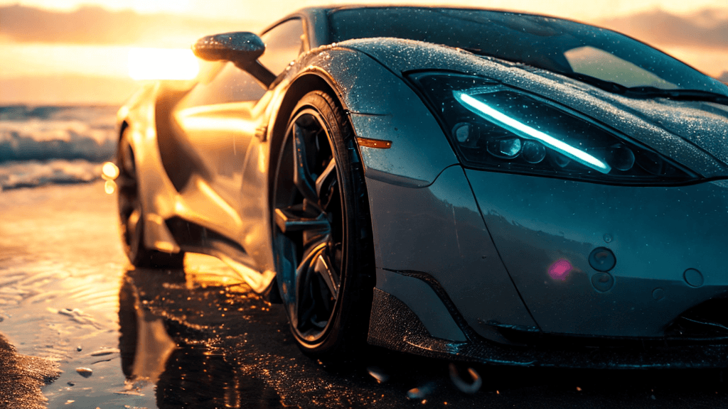 a very reflective car on a mountain top at sunrise, the first light of day breaking through behind it