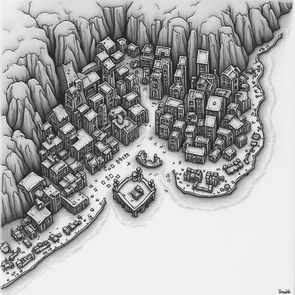 handdrawn D&D map of a coastal dwarven town, crisp thin black pen on gridded paper, top-down view like a true town street map. The lower third of the map is featureless coastal ocean, separated from the town with a beach. The town has  a port, market place, a variety of buildings, towers and amaze of distinct streets, cliffs to the north, some buildings are build into the cliff. 