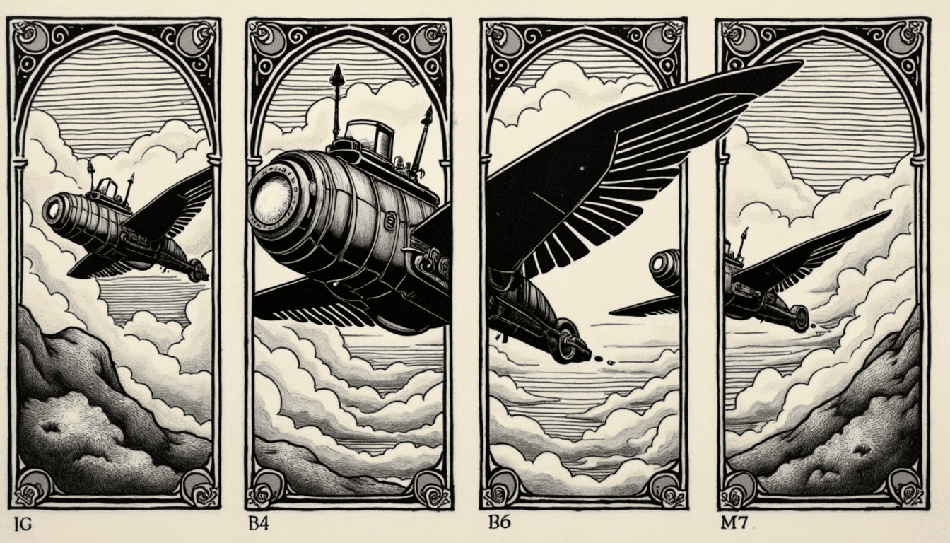 Set of 4 black and white 7th century wood print blocks with crisp detailed lines and lots of whitespace. SET OF 4 IMAGES. Four images. FOUR OF THEM YOU FUCKER. divided with vignette borders. An ancient mechanical steampunk winged flying machine swooping through the clouds, it is a mechanical vehicle. Vignette borders, This is a set of 4 images, each from a different perspective