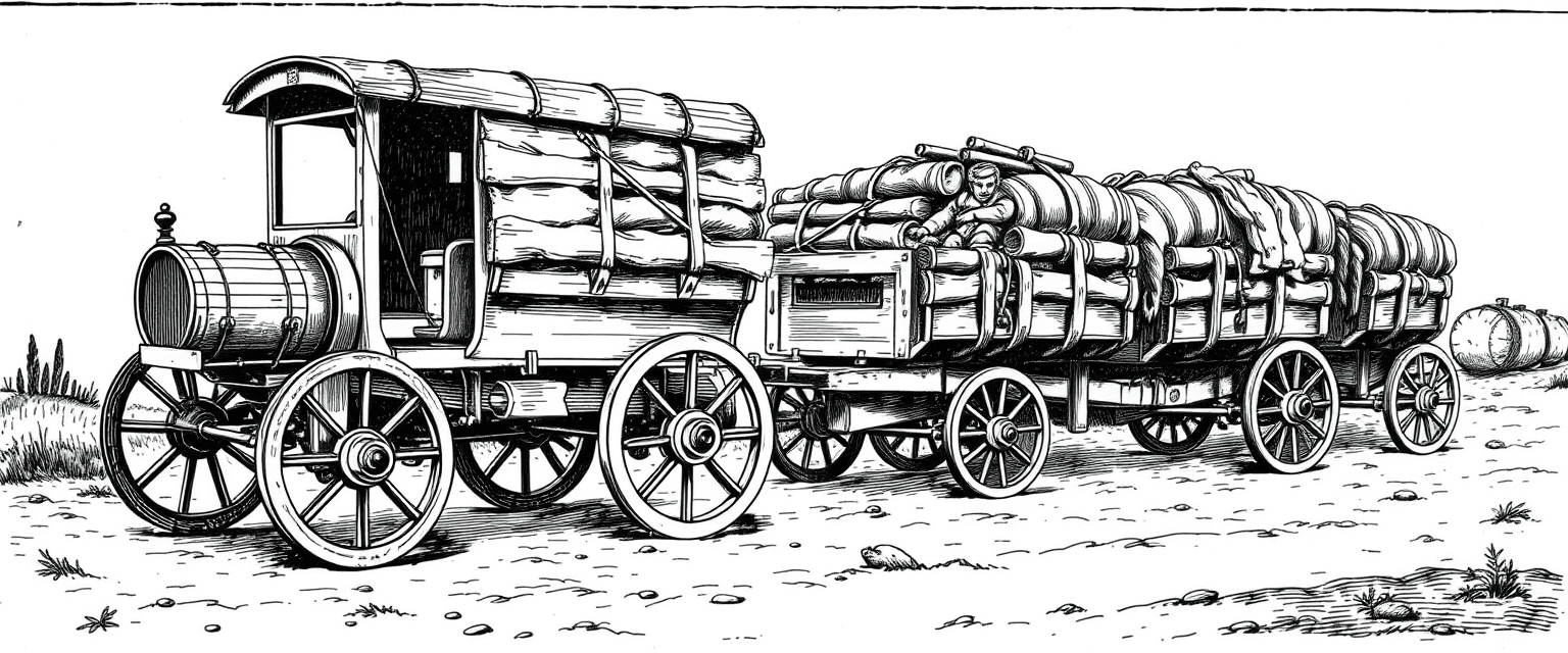 black and white illustration an ancient wooden motor car pulling a trail of heavily-burdened cargo trailers. The style is 17th century lithograph or woodcut print