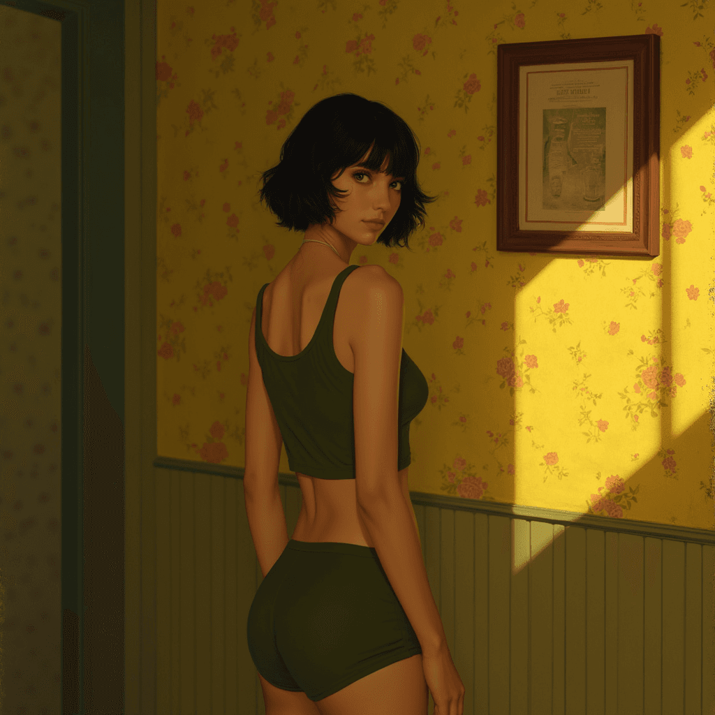 Create an AIgenerated image of a person standing with their back to the viewer, wearing a sleeveless olive green top and matching olive green bottoms. The person has short, dark hair and is looking over their shoulder with a direct gaze. The background is a warm, golden yellow with a patterned texture, reminiscent of a vintage wallpaper. There is a framed item with a red border hanging on the wall to the right side of the figure. The lighting in the scene is dramatic, with a beam of light shining down from the left, casting a shadow across the figures body and highlighting the contours of their torso and arms. The overall mood of the image is intimate and mysterious.