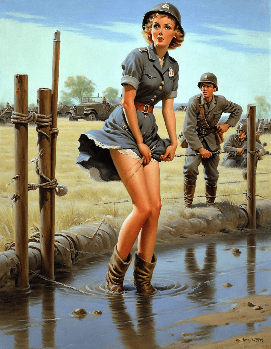 in the pin up style of Art Frahm, Low Crawling, Photorealistic ENF Style: In a desolate expanse of no man's land in France, 1914, a cute young woman is low crawling under uncoiled barbed wire. She is in muddy water, her WW1-era United States military infantry uniform weathered and dirty. Her helmet, boots, and the remnants of her uniform top are caked in mud, the top clinging to her body as she navigates the rugged terrain. Her uniform pants have been pulled down to her ankles, bunched up on her boots, exposing her legs to the muddy environment. Her panties are caught and tearing on the coiled barbed wire above her thighs, tugging down and exposing her further, adding a raw and vulnerable intensity to the scene.   She looks back with a mix of determination and desperation, with one hand trying to unsnag her panties from the menacing, rusted barbed wire that bites into her garment, preventing her from moving forward without losing more of her clothing.  The scene is set in a war-torn no man's land with a grey, overcast sky adding to the bleak atmosphere. The land is littered with debris and craters from constant shelling, and the remnants of military equipment are scattered around