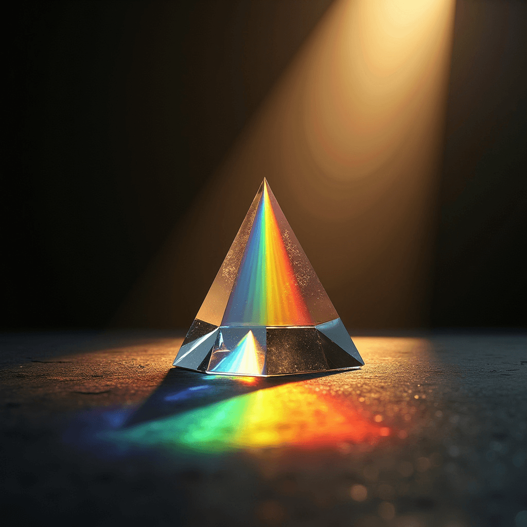 A large glass prism in the shape of an equilateral triangle catches a single shaft of sunlight against a deep, dark background. The prism is expertly polished with sharp edges and smooth surfaces, refracting the light into a radiant spectrum of colors. Rays of red, orange, yellow, green, blue, indigo, and violet cascade outward in a fan-like display, each beam distinct and vivid. The background is a gradient of deep, shadowy blacks and dark indigo, accentuating the brilliance of the rainbow. The sunlight, entering from the top left corner, is a warm, golden hue, creating a dynamic interplay between the light and the dark surroundings. The prism is centered in the composition, with a slight tilt to capture the light perfectly. The atmosphere is one of serene beauty and scientific marvel, with the play of light illustrating the wonders of optical physics in an almost magical manner. High-definition, hyper-realistic, with intricate details on the glass surfaces and impeccable color accuracy.