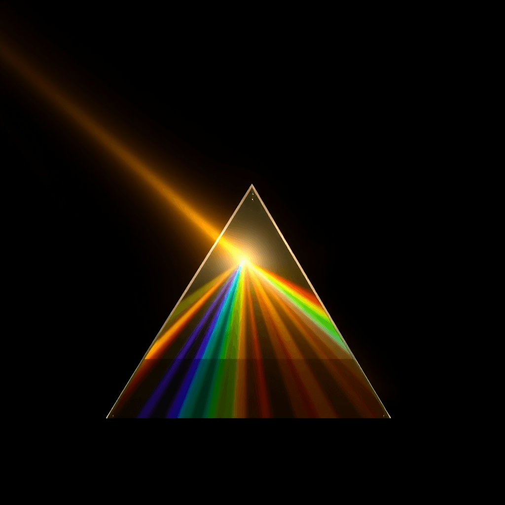 A large glass prism in the shape of an equilateral triangle catches a single shaft of sunlight against a deep, dark background. The prism is expertly polished with sharp edges and smooth surfaces, refracting the light into a radiant spectrum of colors. Rays of red, orange, yellow, green, blue, indigo, and violet cascade outward in a fan-like display, each beam distinct and vivid. The background is a gradient of deep, shadowy blacks and dark indigo, accentuating the brilliance of the rainbow. The sunlight, entering from the top left corner, is a warm, golden hue, creating a dynamic interplay between the light and the dark surroundings. The prism is centered in the composition, with a slight tilt to capture the light perfectly. The atmosphere is one of serene beauty and scientific marvel, with the play of light illustrating the wonders of optical physics in an almost magical manner. High-definition, hyper-realistic, with intricate details on the glass surfaces and impeccable color accuracy.