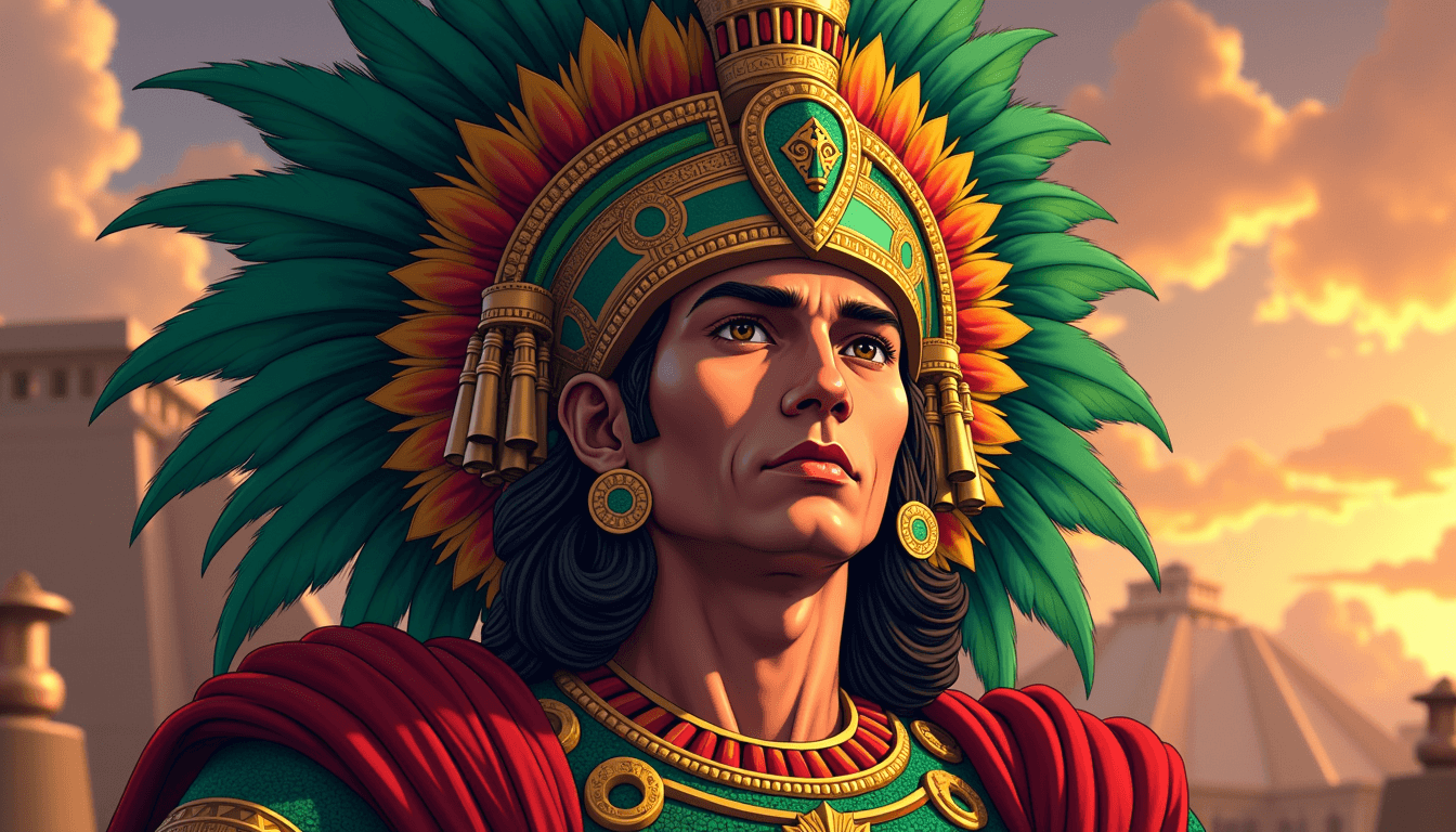 anime, Anime-style portrait of Montezuma, illustrious Aztec emperor, depicted in a visually striking manner. Montezuma is centrally positioned and framed from the chest up, showcasing regal and commanding presence. He is adorned in traditional Aztec royal attire featuring rich textures and vibrant colors—predominantly gold, emerald, and crimson. His majestic feathered headdress, accentuated with emerald green quetzal feathers and intricate gold accents, adds grandeur to his appearance.

His face portrays a mixture of wisdom, strength, and nobility. The skin tone is a warm, rich brown, and his eyes are sharp and expressive, conveying both authority and depth. The lighting is soft yet dramatic, with gentle highlights and shadows that enhance the intricate details of his attire and features. Background elements subtly hint at the grandeur of Tenochtitlán with faint outlines of Aztec architecture under a warm, golden twilight sky, creating a serene and dignified ambiance.

Inspiration is drawn from traditional anime styles with meticulous attention to facial expressions and elaborate costumes, ensuring the essence of Montezuma's regal heritage is preserved while adding a stylistic twist. The overall composition exudes strength, nobility, and historical significance, captured through rich detail and vivid colors.

This portrait merges historical authenticity with anime