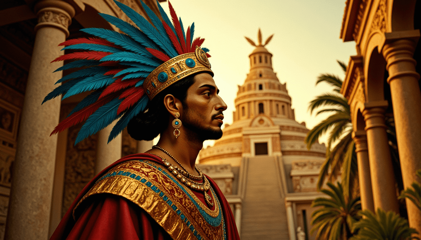 a photo of MONTEZUMA, , A high-resolution photograph capturing the regal presence of Montezuma, the Aztec emperor. He stands in the center of the frame, dressed in an elaborate, richly adorned feathered headdress featuring vibrant hues of turquoise, gold, and crimson. His traditional attire contrasts intricate patterns and textures in royal colors. The setting is an ancient Aztec palace courtyard, accentuated with ornate stone carvings and lush, tropical foliage. The golden light of the setting sun casts a warm, dramatic glow, enhancing the colors and shadows, creating a mystical, almost ethereal atmosphere. The camera angle is slightly low, emphasizing Montezuma's authority and power. The image has a finely detailed, hyper-realistic style, capturing every nuance of fabric and stone texture, perfect for a historical documentation or a cinematic scene.