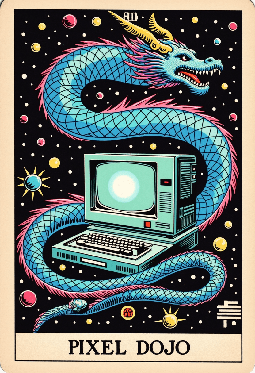 Majestic blue Chinese dragon coiled gracefully around a vintage computer, rendered in the traditional Rider-Waite tarot card style, with rich and vibrant colors. The dragon's scales shimmer in shades of azure and cobalt, reflecting light in a mystical manner. The vintage computer emits a faint glow from its screen, symbolizing the fusion of ancient wisdom and modern technology. The background is filled with esoteric symbols and subtle digital motifs, merging the mystique of the unknown with a touch of technology and futurism. The image exudes an atmosphere of mystery and wonder, as if revealing secrets of a hidden digital realm. The text "PIXEL DOJO" is prominently displayed at the bottom , adding a sense of importance and grandeur.  