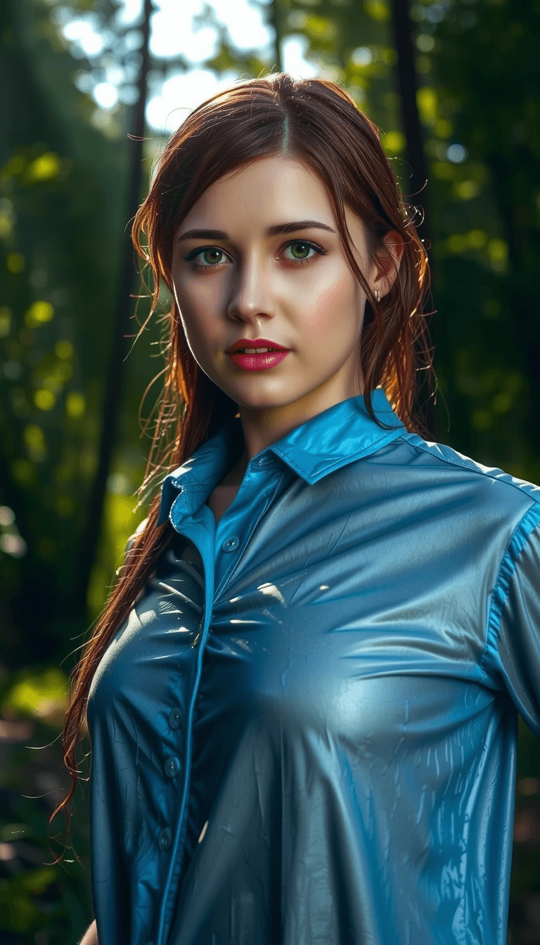 a photo of of a woman in a wet shirt, WETLOOKWETLOOK123, A high-resolution photograph of a woman standing in a forest, her shirt visibly soaked and clinging to her with stunning wetlook texture, showcasing intricate details of the fabric. Natural dappled sunlight, filtered through the lush tree canopy above, creates a mesmerizing play of light and shadow on her face, accentuating her delicate facial features and textured skin tones. Shot in a soft-focus style, the background remains slightly blurred, enhancing the focus on her expressive eyes and serene expression. The overall mood is tranquil and intimate, capturing a serene moment in time. The composition uses a medium-close-up shot, with the camera angled slightly upward to impart a sense of connection and natural beauty. The image evokes a feeling of peacefulness and immersion in nature, with the subtle interplay of light and moisture adding a layer of depth and realism.