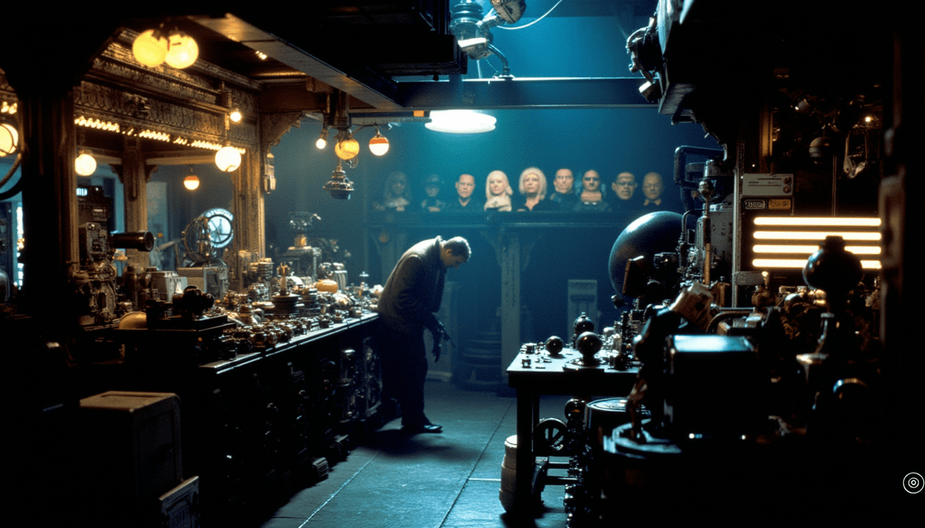 Dark, moody scene in the signature style of BLDRNRTOK, an atmosphere thick with steampunk elements and a touch of gothic surrealism. In the foreground, a solitary figure is hunched over a cluttered workbench at the heart of the composition, surrounded by a haphazard array of mechanical parts and fantastical contraptions. Above, elaborate machinery adorned with glowing amber lights emits a dim luminescence, casting cryptic shadows that dance across the room. Behind, a peculiar tapestry of mannequin heads with empty stares is interspaced with plush toys of varied sizes and odd shapes, adding a surreal contrast to the otherwise industrial backdrop. The dominant color palette consists of deep blacks and metallic grays, with plush toys subtly introducing muted hues like somber purples, faded greens, and dusty blues. A swirling smoky haze envelops the air, adding depth to the mysterious, slightly unsettling atmosphere. The scene breathes with an eerie sense of anticipation, shadows whispering secrets in the flickering low light. The composition is captured from a slightly off-center angle, inviting viewers into an intimate, clandestine sphere, drawing focus to the intricate details and textures. This image embodies a blade runner aesthetic and cinematography.