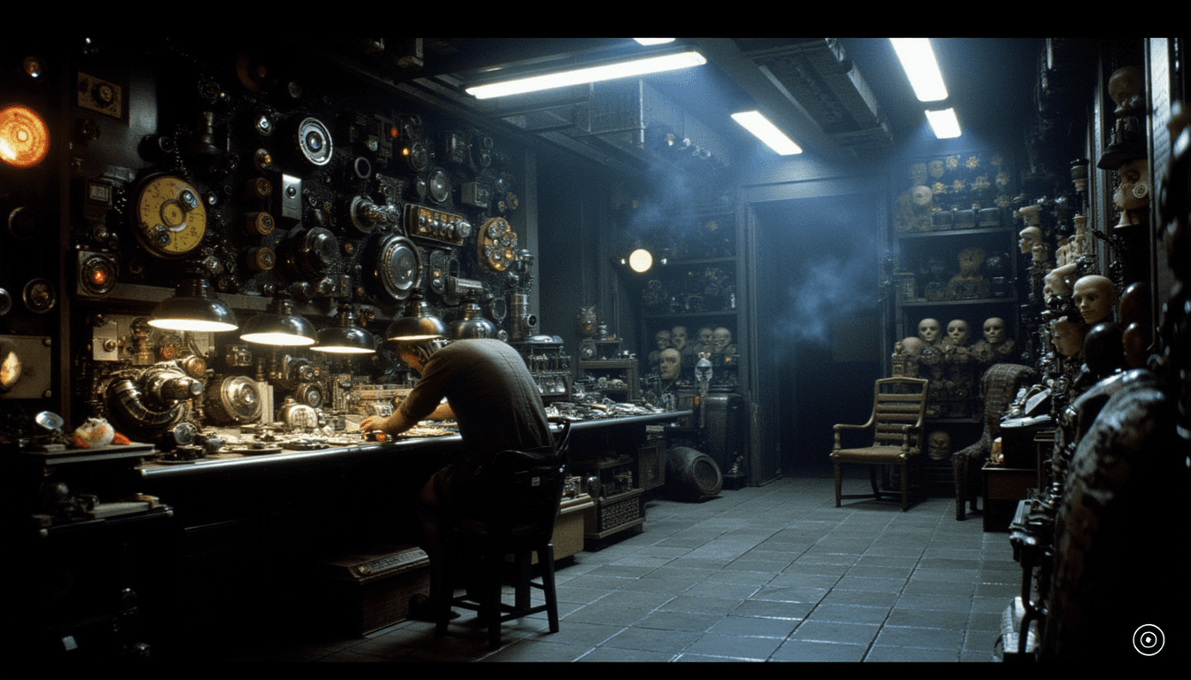 Dark, moody scene in the signature style of BLDRNRTOK, an atmosphere thick with steampunk elements and a touch of gothic surrealism. In the foreground, a solitary figure is hunched over a cluttered workbench at the heart of the composition, surrounded by a haphazard array of mechanical parts and fantastical contraptions. Above, elaborate machinery adorned with glowing amber lights emits a dim luminescence, casting cryptic shadows that dance across the room. Behind, a peculiar tapestry of mannequin heads with empty stares is interspaced with plush toys of varied sizes and odd shapes, adding a surreal contrast to the otherwise industrial backdrop. The dominant color palette consists of deep blacks and metallic grays, with plush toys subtly introducing muted hues like somber purples, faded greens, and dusty blues. A swirling smoky haze envelops the air, adding depth to the mysterious, slightly unsettling atmosphere. The scene breathes with an eerie sense of anticipation, shadows whispering secrets in the flickering low light. The composition is captured from a slightly off-center angle, inviting viewers into an intimate, clandestine sphere, drawing focus to the intricate details and textures. This image embodies a blade runner aesthetic and cinematography.