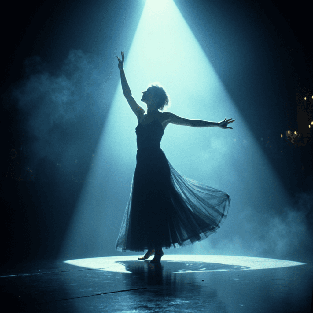 in the style of BLDRNRTOK, a woman dancing in the fog on a stage