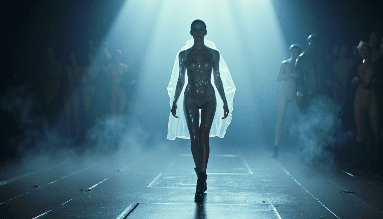 in the style of BLDRNRTOK,  TOK a naked woman wearing an elegant transparent plastic rain coat and black latex high heels boots in the fog on a stage