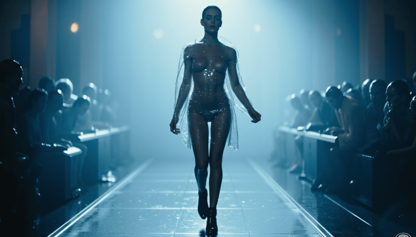 in the style of BLDRNRTOK,  TOK a naked woman wearing an elegant transparent plastic rain jacket and black latex high heels boots in the fog on a stage