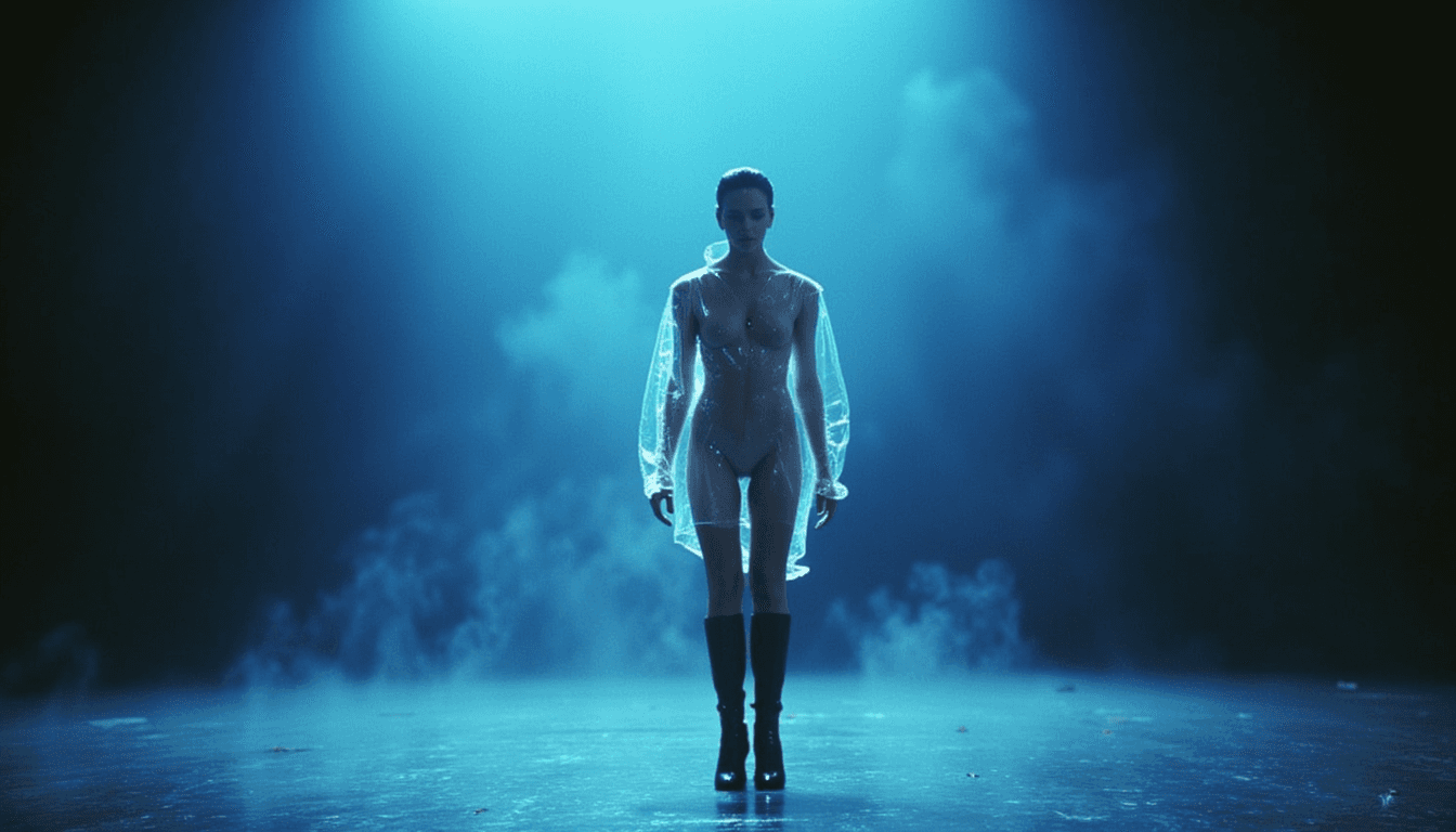 in the style of BLDRNRTOK,  TOK a naked woman wearing an elegant transparent plastic rain jacket and black latex high heels boots in the fog on a stage