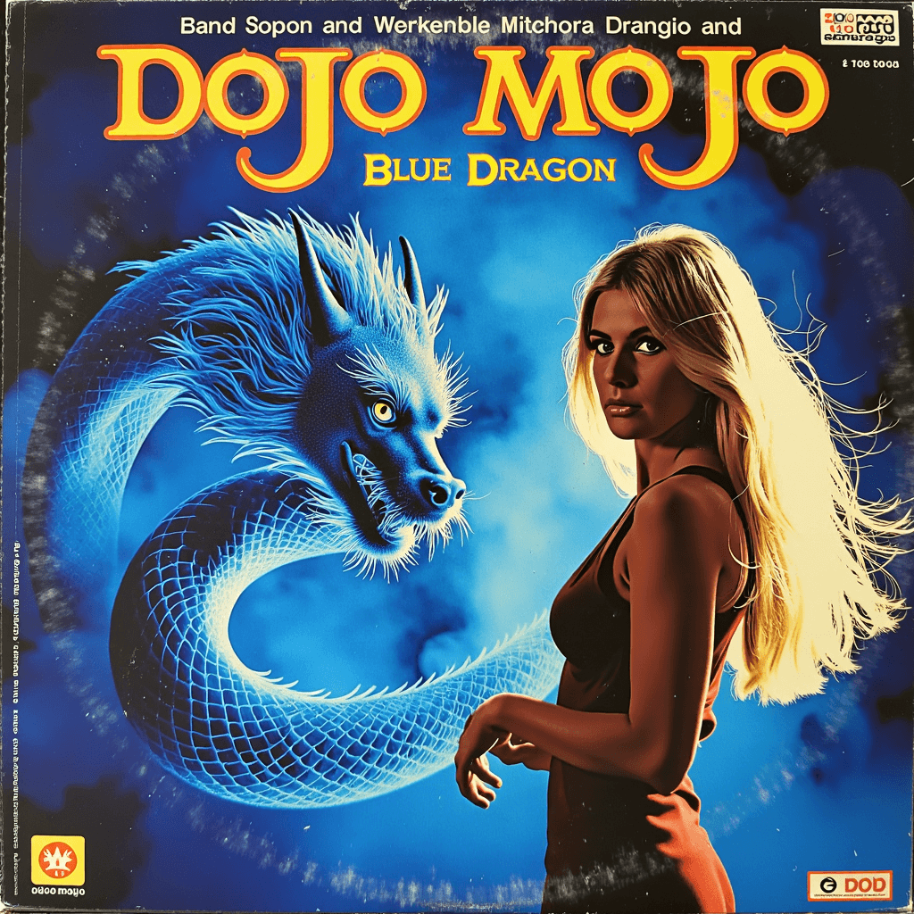  vnls LP cover of "DOJO MOJO" band:
close up on a stunning blond singer and a gigantic, intricately detailed blue Chinese dragon. the dragon coils around the female blond singer. The dragon's scales shimmer under the ambient stage lights, with hues of azure, teal, and sapphire creating an ethereal glow.  . The singer stares at viewer and exudes confidence and energy, her vibrant blond hair cascading like a halo. 

Artistic style: a fusion of hyper-realistic digital art with  sword & sorcery boris vallejo's painting.
The background is a moody, atmospheric dojo setting, with misty smoke effects that catch the vivid blue of the dragon.  
The title is the Band name "DOJO MOJO" in bold caps on top.
The album title, "Blue Dragon", is elegantly placed in smaller caps near underneath the title.