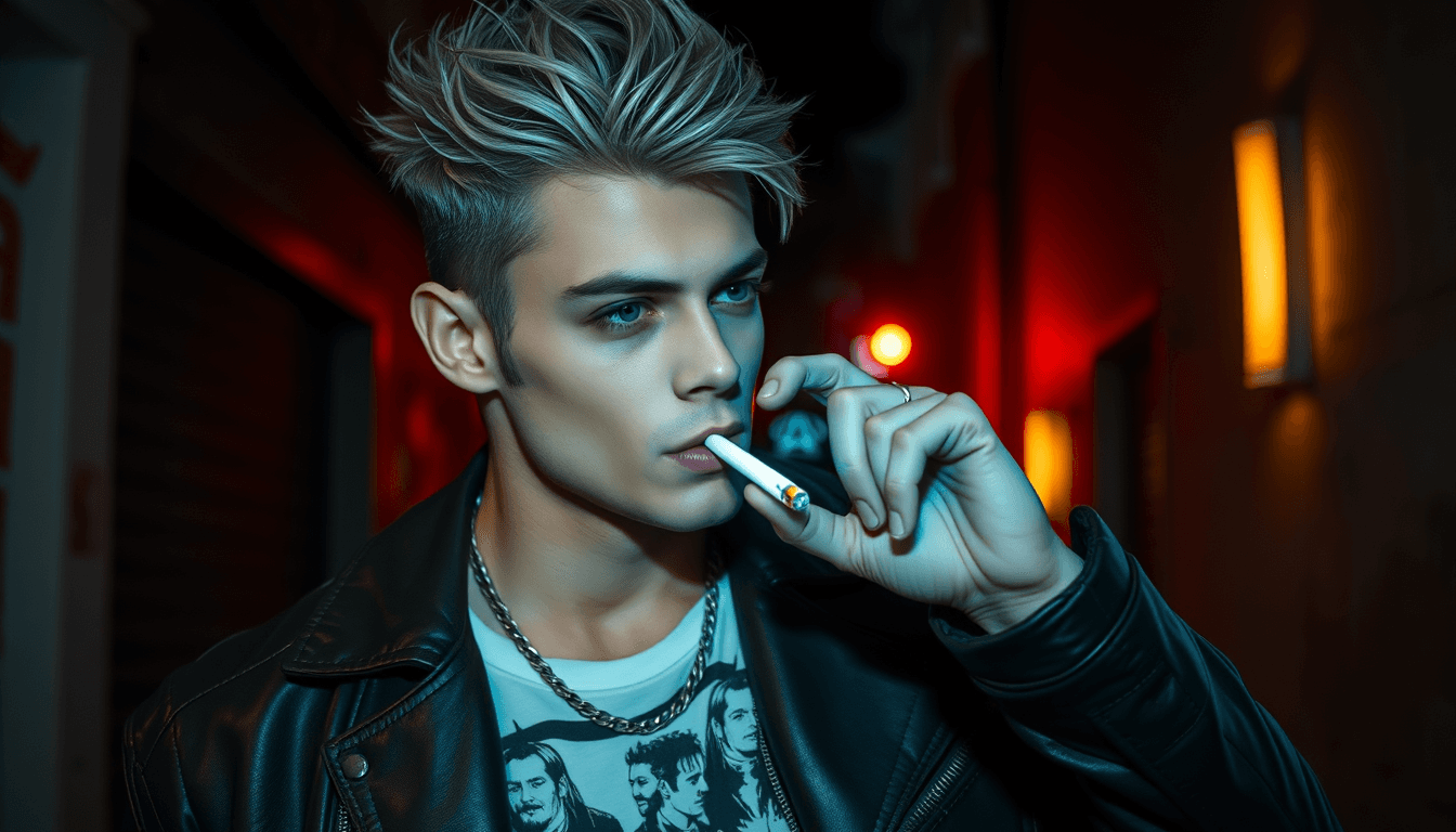 Young man, leather jacket, soft spiky grey and black hairstyle, muscular build, dark circles under eyes, insomnia look, silver chain necklace, white undershirt with black metalcore print, confident pose, smoking a cigarette that glows, dark alley, neon lights, night time, dramatic, amateur photo