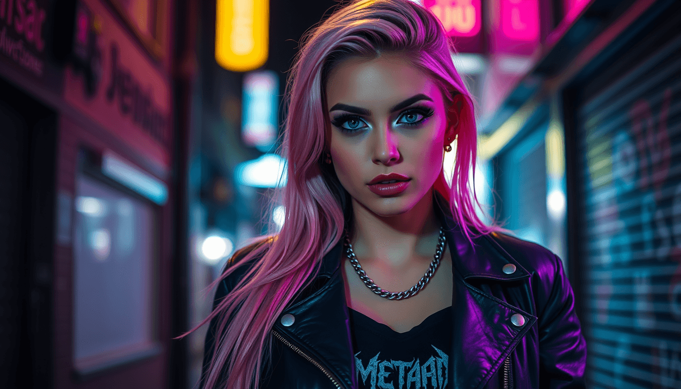 Young woman, bright green eyes, leather jacket,  pink long hairstyle, dramatic eyeshadow, insomnia look, silver chain necklace, undershirt with metalcore print, confident pose, dark alley, neon lights, night time, dramatic, amateur photo