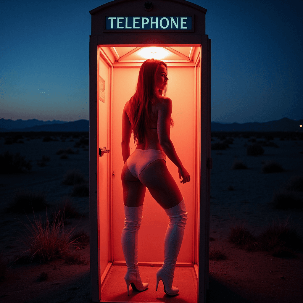 Cinematic surrealism takes center stage in this atmospheric scene, captured with the distinct look of Cinestill 800T film, adding a timeless, cinematic quality. The setting is a vintage aluminum public phone box, standing solitary amid an expansive desert landscape at night, with the first light of dawn just breaking on the horizon. The woman within, adorned in a pristine white bikini, exudes confidence. Her long auburn hair cascades down as she stands poised, accentuated by sleek, glossy white latex over-the-knee high-heeled boots. The composition is crafted through an 85mm lens with a low point of view, drawing the viewer's focus to her commanding upper body and the vast, open desert beyond. The backdrop features the faint glimmer of a distant city's lights on the horizon, adding depth to the scene. Illuminating the woman is the haunting glow of neon lights from within the phone box, casting dramatic shadows and vibrant reflections, enhancing the surreal, almost ethereal, atmosphere. The overall mood is one of serene solitude, with a subtle tension between the isolation of the desert and the promise of the city lights in the distance.