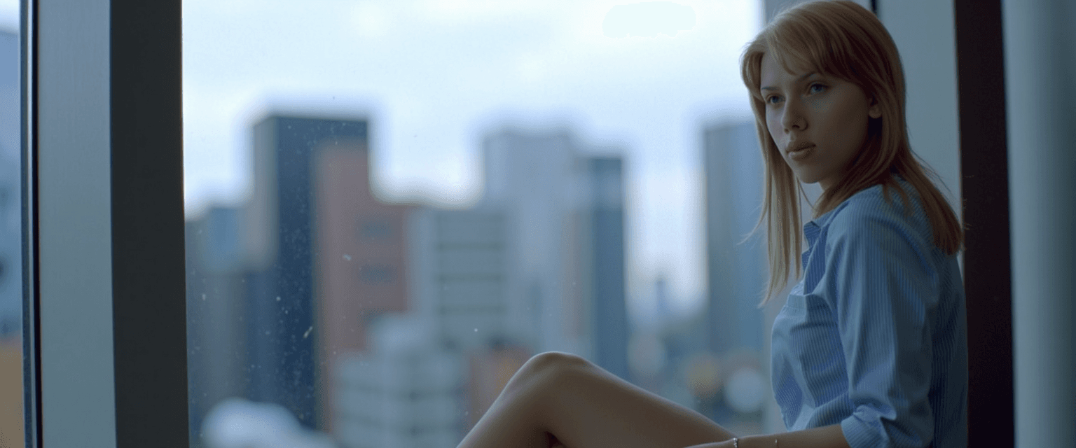 In the cinematographic style of LSTINTROK, TOK a young blonde young woman is sitting on the sill of a large window of a hotel room, looking out at Tokyo cityscape. She is wearing a blue shirt and has her legs crossed.  The cityscape is filled with skyscrapers, and the woman appears to be enjoying the view. The scene is captured in a wide-angle shot, giving a sense of depth and perspective to the image. the camera is from a high angle with the horizon high in frame using a wide lens. The image has the Aesthetic of "Lost in translation"