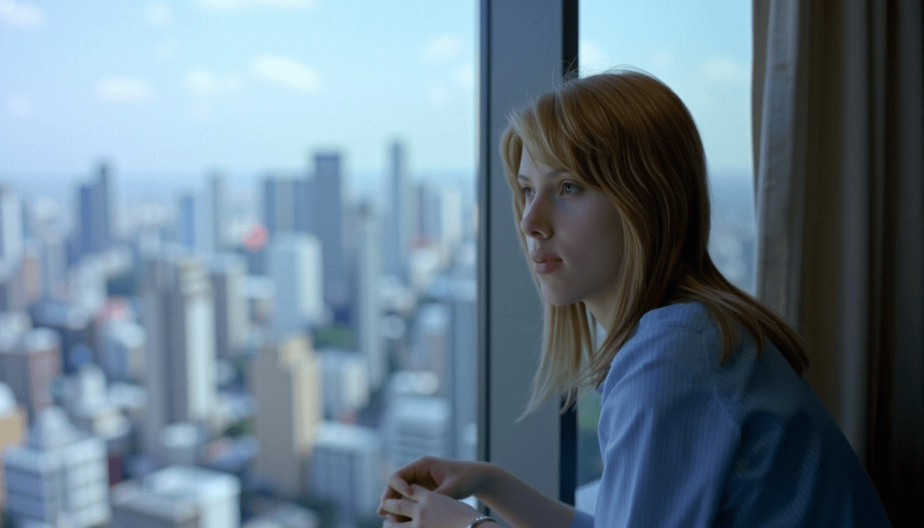 In the cinematographic style of LSTINTROK, TOK a young blonde woman is sitting on the sill of a large window of a hotel room, she is sitting with her shoulder against the window, looking out at Tokyo cityscape. She is wearing a blue shirt.  The cityscape is filled with skyscrapers, and the woman appears to be enjoying the view. The scene is captured in a wide-angle shot, giving a sense of depth and perspective to the image. the camera is from a high angle with the horizon high in frame using a wide lens. The image has the Aesthetic of "Lost in translation"