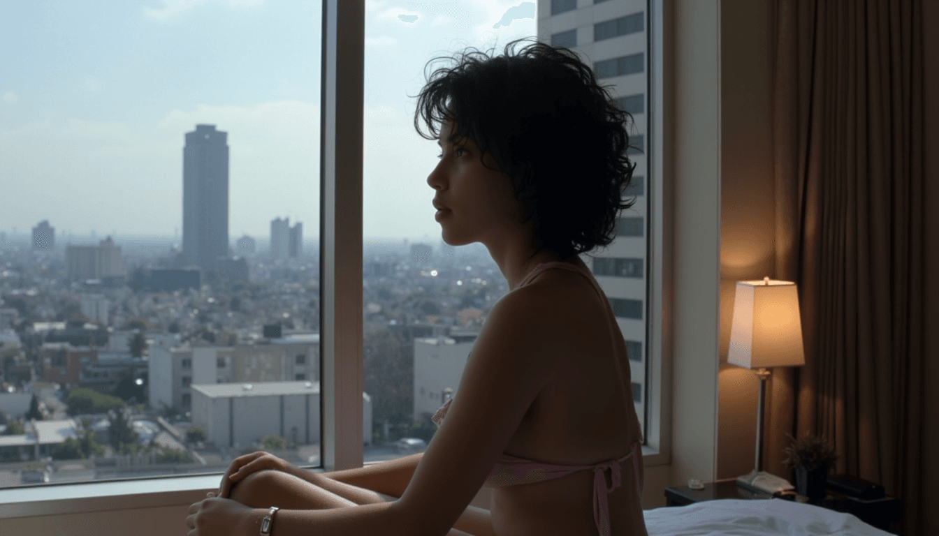 a photo of TOKAMI with black curly hair, a woman wearing lingerie in a hotel room, in the cinematographic style of LSTINTROK, outside the large window we can see the Tokyo skyline