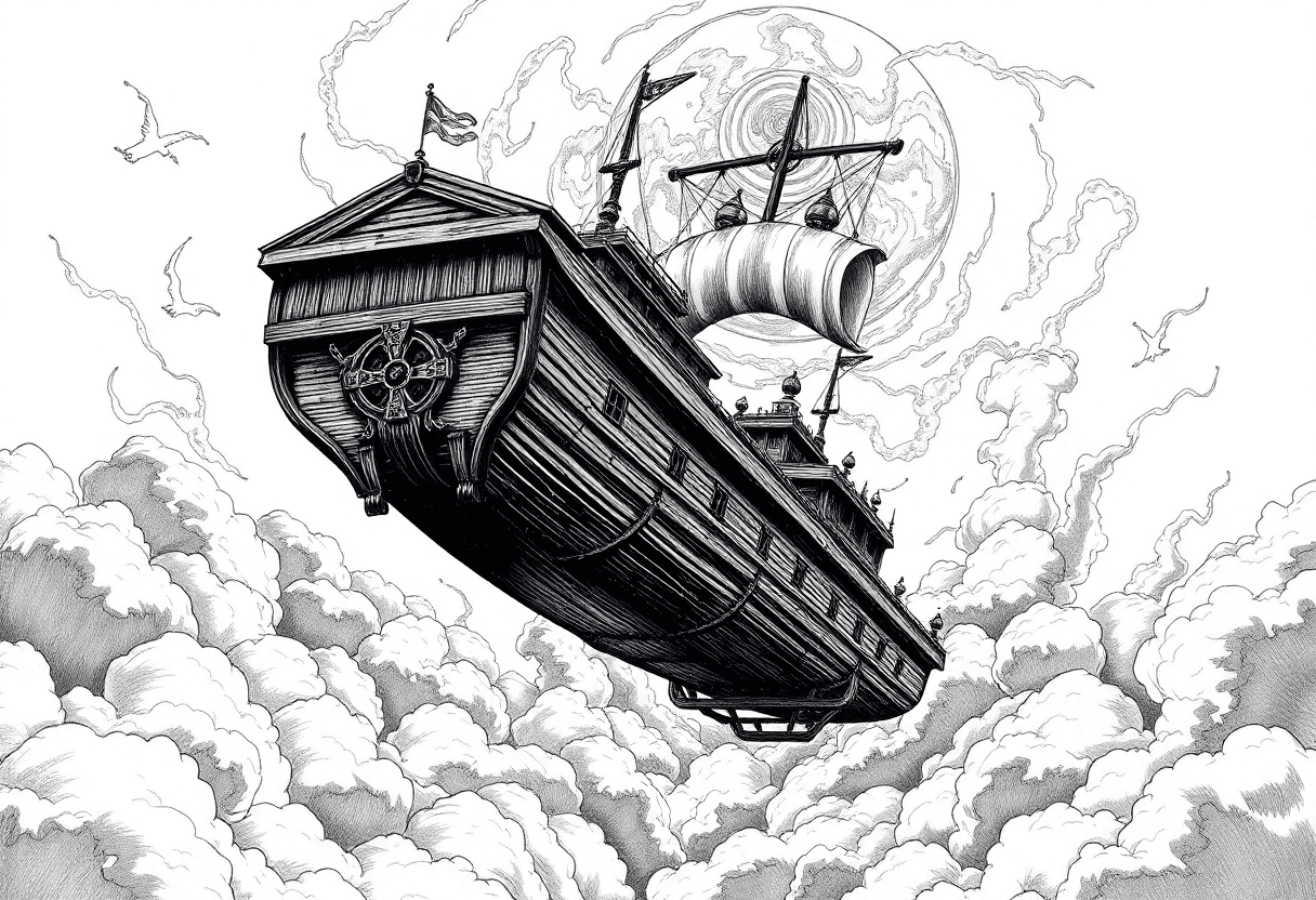 13th century woodprint black and white on white background, a huge wood-and-iron spaceship that is navigating its way through the astral plane, swirling clouds all around