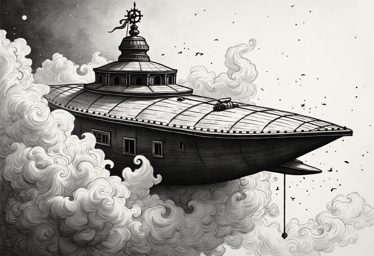 13th century woodprint black and white on white background, a wood-and-iron spaceship that is navigating its way through the astral plane, swirling clouds all around. The front of the spaceship has a ramming prow. WHITE BACKGROUND. White