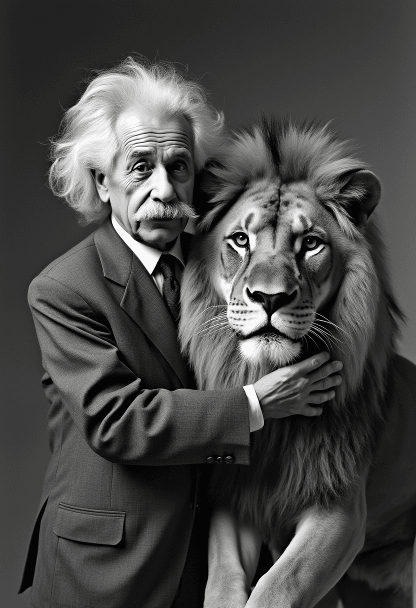 A PHOTO OF Albert Einstein Man with a lion